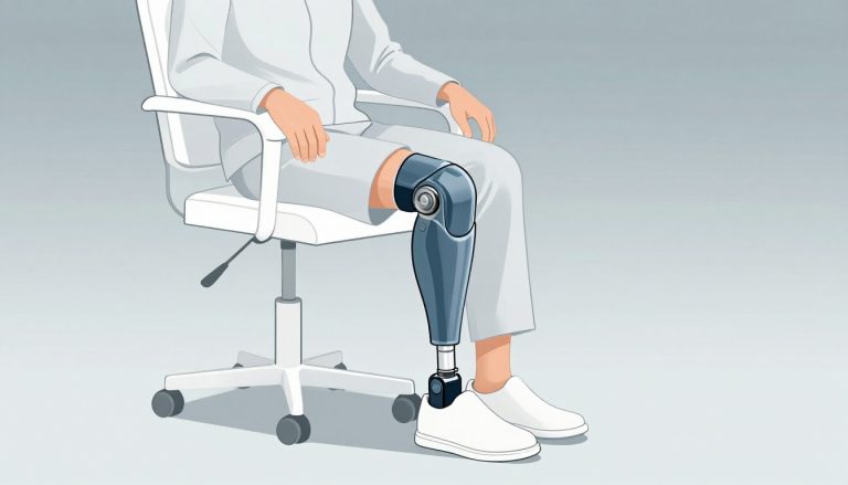 Homme assis avec la jambe gauche surélevée et une prothèse visible au genou.