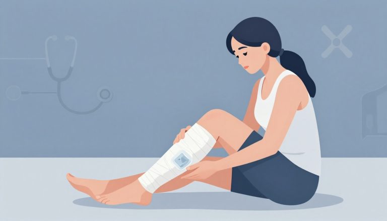Une femme assise tient son genou gauche bandé avec une poche de glace.