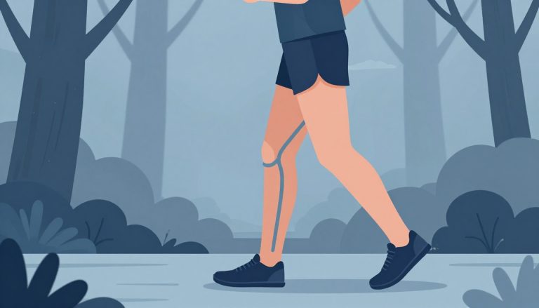 Coureur vu de côté, avec le côté externe du genou droit souligné en bleu.