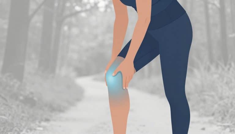 Une coureuse touche son genou droit, marqué par une lueur bleutée sur un sentier forestier.