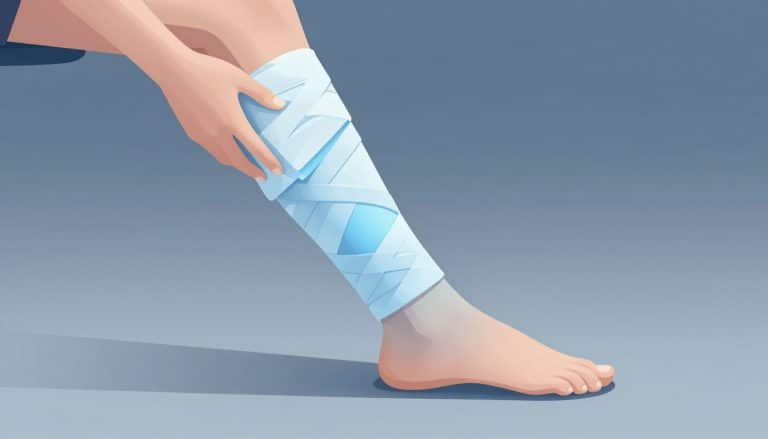 Un genou droit gonflé, posé sur un coussin avec une poche de glace.