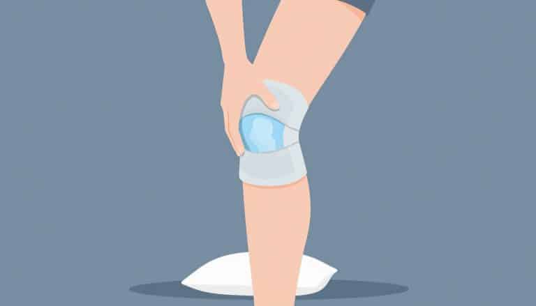 Genou légèrement fléchi avec gonflement bleu, poche de glace et jambe surélevée.