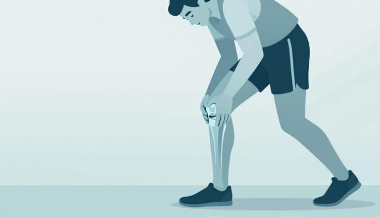 Un coureur tient son genou droit, dont l’articulation est soulignée en bleu.