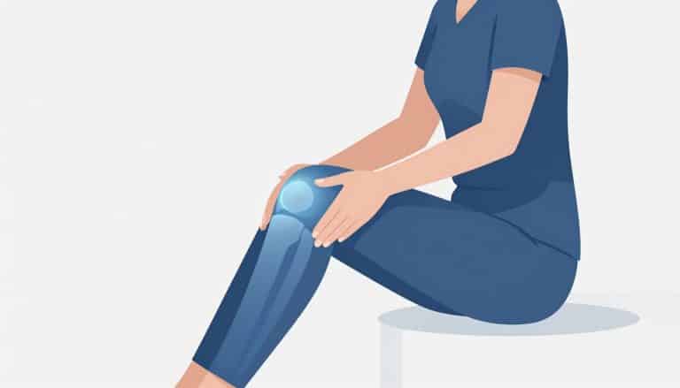 Une femme assise, la main sur son genou gauche mis en lumière.