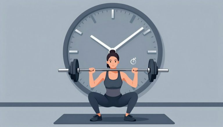 Une femme fait un squat avec une barre devant une horloge indiquant environ une heure.