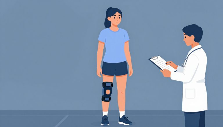 Une jeune sportive porte une genouillère, à côté d’une physiothérapeute tenant une ordonnance ouverte.