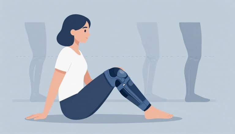Une femme assise montre une jambe droite avec une genouillère bleue et trois étapes de récupération.