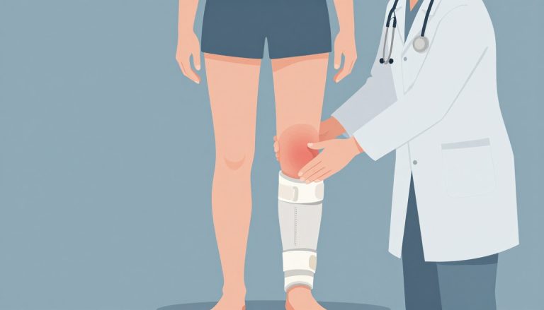 Un médecin soutient un genou gonflé et légèrement rouge, protégé par une attelle blanche.