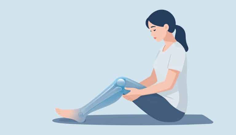 Femme soulevant sa jambe droite, avec un genou bleuté et légèrement gonflé.