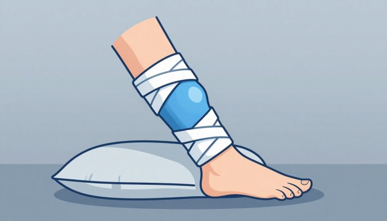 Genou gonflé avec une poche de glace, jambe posée sur un coussin.