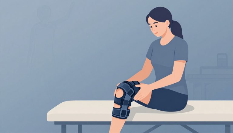 Une femme assise ajuste une genouillère bleue sur son genou droit.