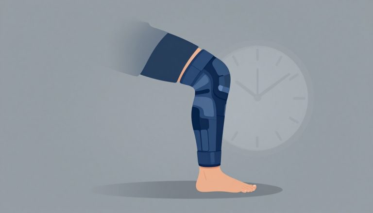 Genou légèrement fléchi avec une orthèse bleue et une horloge translucide en arrière-plan.