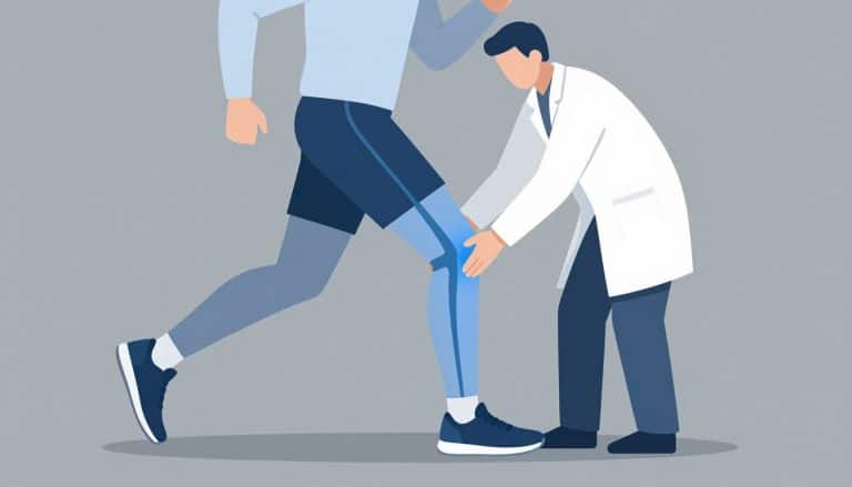 Une coureuse et un chiropracteur, avec le tractus ilio-tibial surligné près du genou.