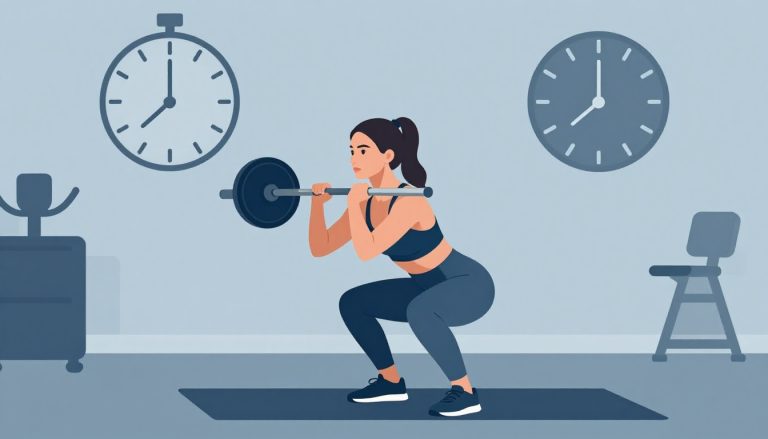 Une femme fait un squat avec une barre dans une salle de sport, sous un chronomètre indiquant une heure.