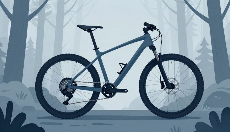 Un VTT posé sur un rocher, avec sa cassette arrière visible dans une forêt brumeuse.