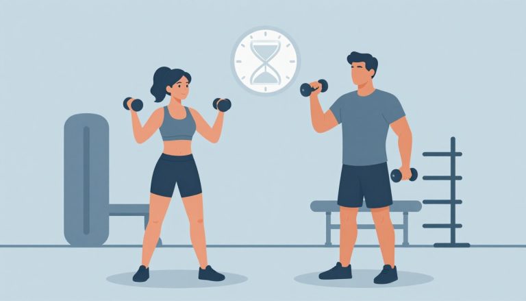 Un homme et une femme soulèvent des haltères dans une salle de sport avec un sablier bleu.