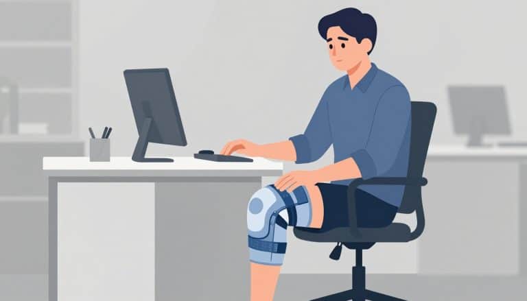 Employé assis avec une attelle bleu clair au genou gauche dans un bureau.