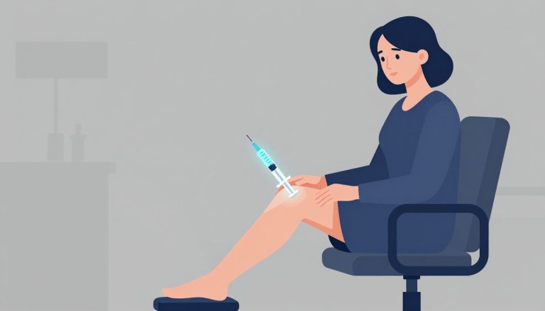 Une femme assise montre son genou près d’une seringue.