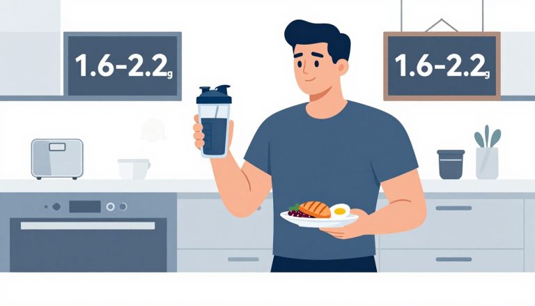 Un homme musclé tient un shaker et une assiette de poulet, d’œufs et de haricots.