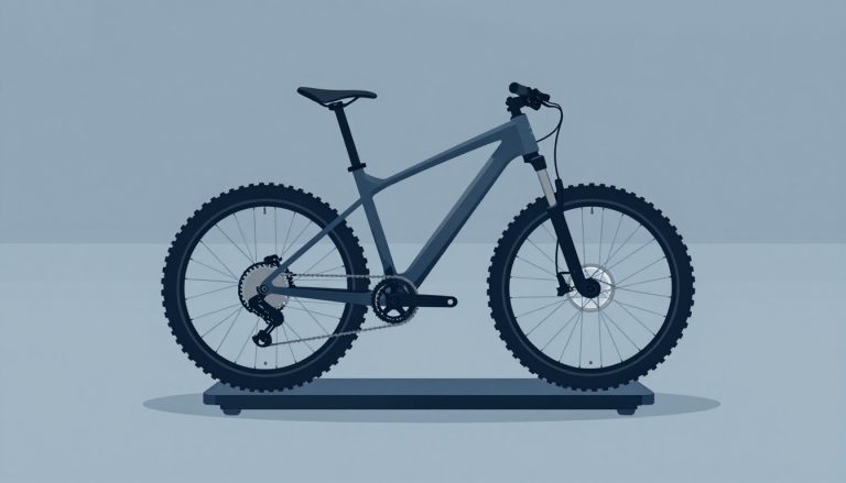 Un VTT en carbone posé sur une balance rectangulaire, avec fourche suspendue et pneus crantés.