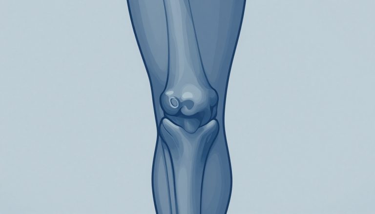 Illustration d’un genou avec le ligament interne mis en évidence en bleu.