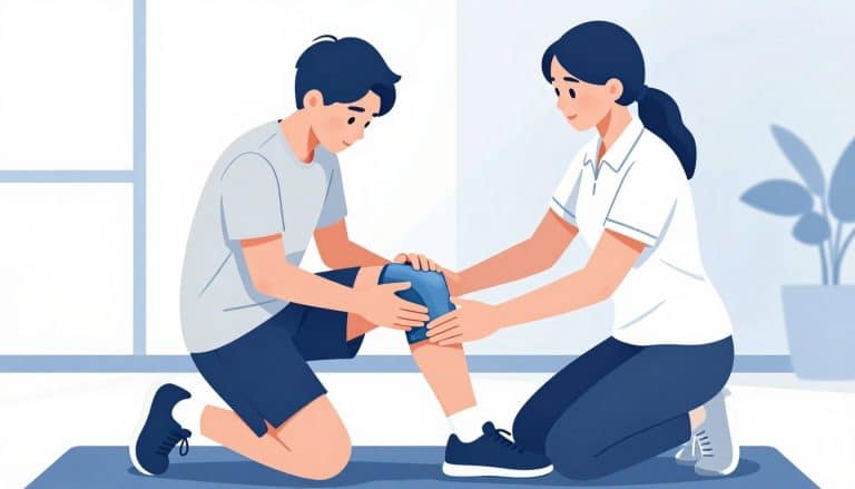 Un adolescent applique une poche de glace sur son genou avec l’aide d’une kinésithérapeute.