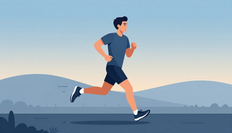 Un coureur avance sur un sentier vallonné éclairé par le soleil levant.