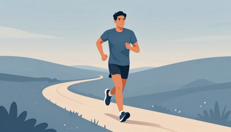 Un coureur en tenue bleue avance sur un sentier vallonné au lever du jour.