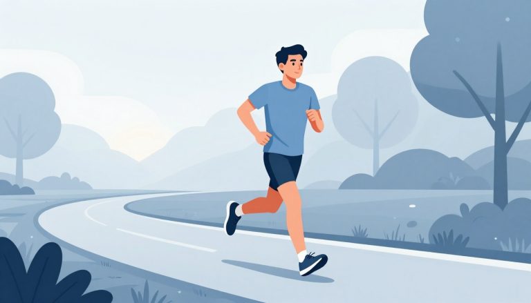 Un coureur en mouvement sur un sentier bordé d’arbres au lever du jour.