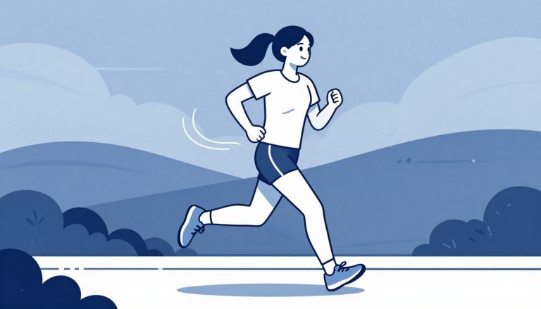 Une coureuse avance sur un sentier arboré, avec une ligne bleue autour du torse.