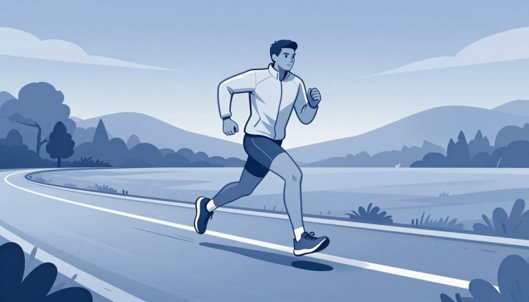 Un coureur en mouvement sur un chemin asphalté, avec des arbres et des collines en arrière-plan.