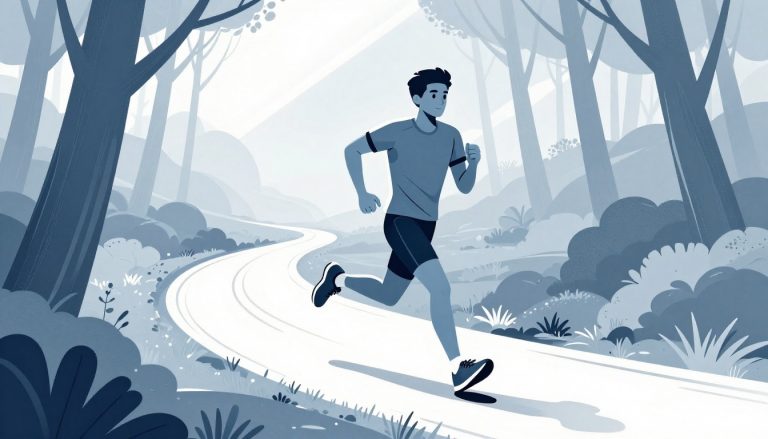 Un coureur sportif avance sur un sentier forestier ensoleillé.