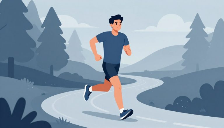 Un coureur avance sur un sentier forestier brumeux aux teintes bleu pastel.