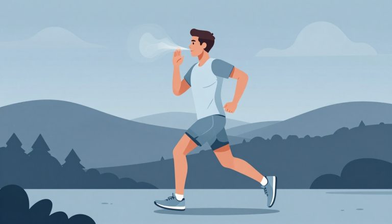 Un coureur respire en courant sur un sentier forestier, avec un tourbillon bleu près du visage.