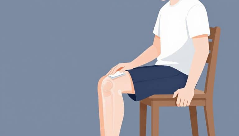 Une personne assise étend sa jambe gauche, avec une poche de glace derrière le genou.