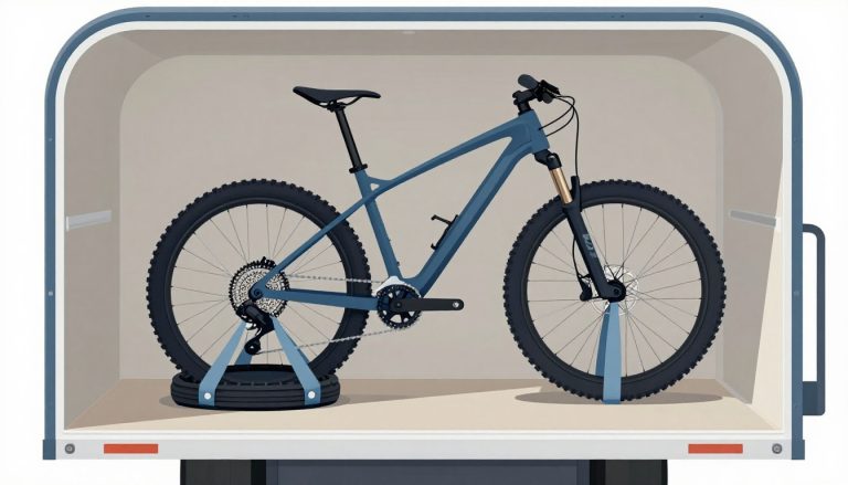Vélo de montagne attaché dans une petite remorque avec des sangles