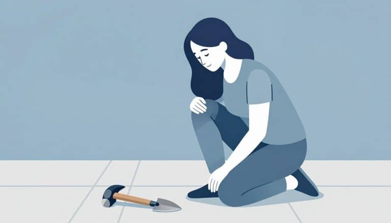 Une femme agenouillée montre un gonflement bleu au-dessus de la rotule.
