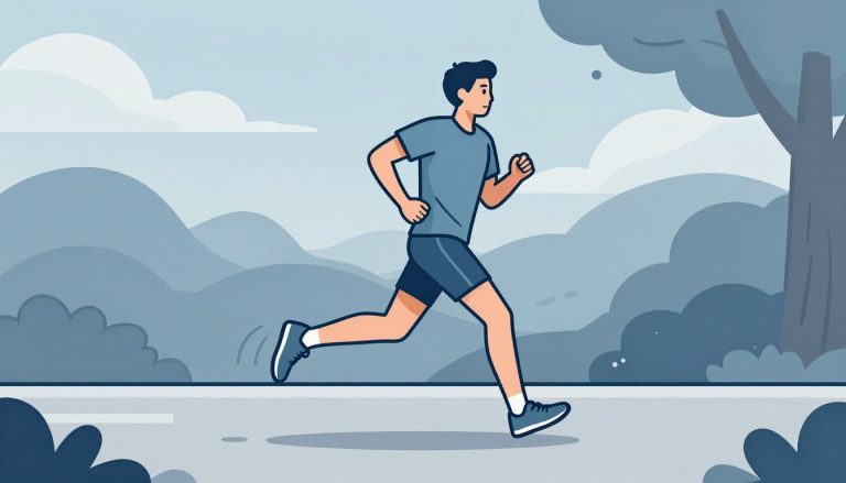 Coureur en mouvement sur un sentier arboré au lever du jour.