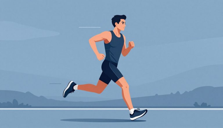 Un coureur en tenue technique avance à vive allure sur un chemin pavé.