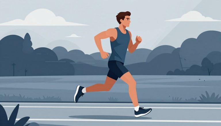 Un coureur avance sur un chemin pavé au lever du soleil.