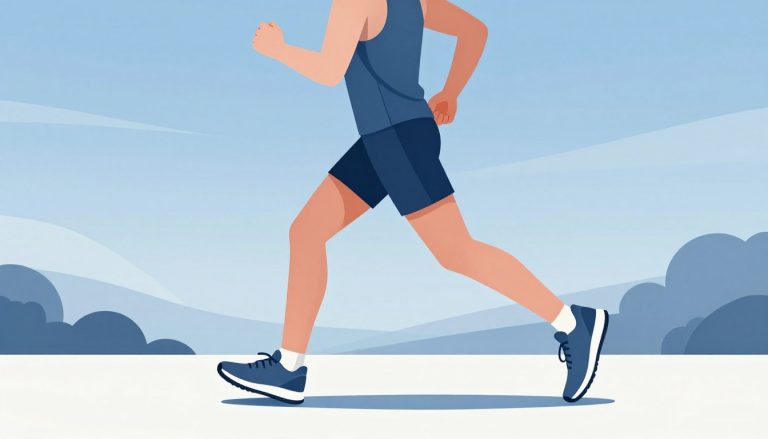 Coureur adoptant une posture droite et une foulée souple sur un chemin asphalté.