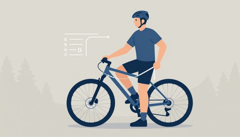 Un cycliste mesure son entrejambe près d’un VTT bleu avec un tableau des tailles.