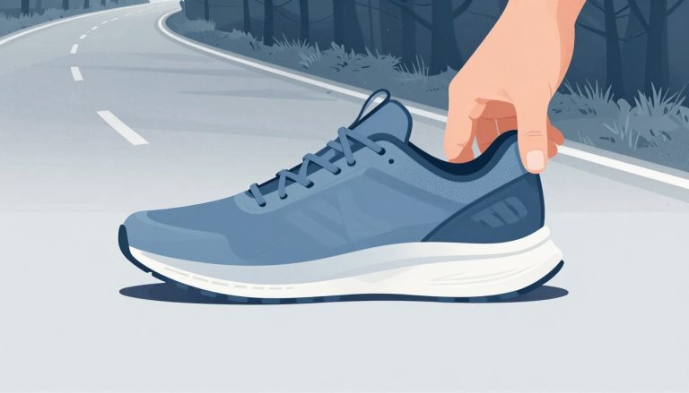 Une chaussure de course bleue tenue par une main, entre route pavée et sentier forestier.