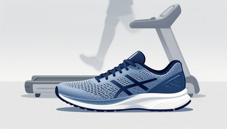 Une chaussure de running bleue sur une surface gris clair, avec une piste stylisée en arrière-plan.