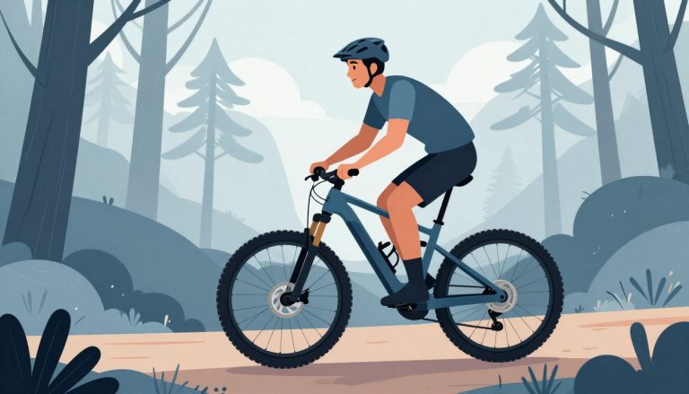Un vététiste roule sur un vélo électrique au milieu d’un sentier bordé de pins.