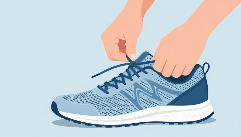 Deux mains nouent les lacets bleus d’une chaussure de running.