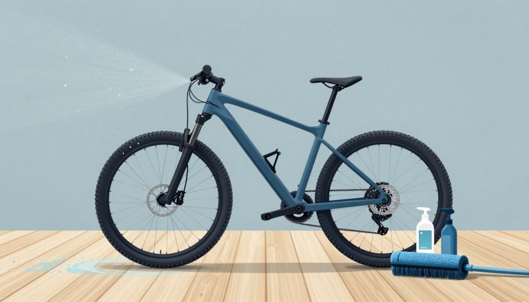 Un VTT reçoit un doux jet d’eau, avec une brosse et un nettoyant à côté.