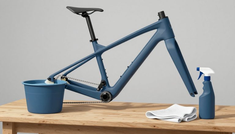 Un VTT bleu posé sur un établi avec une brosse, un seau et un chiffon.