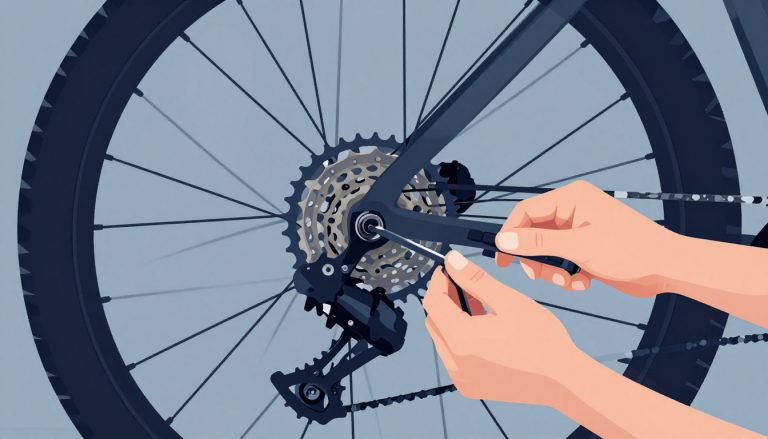 Des mains gantées règlent le dérailleur arrière d’un vélo avec une clé hexagonale.