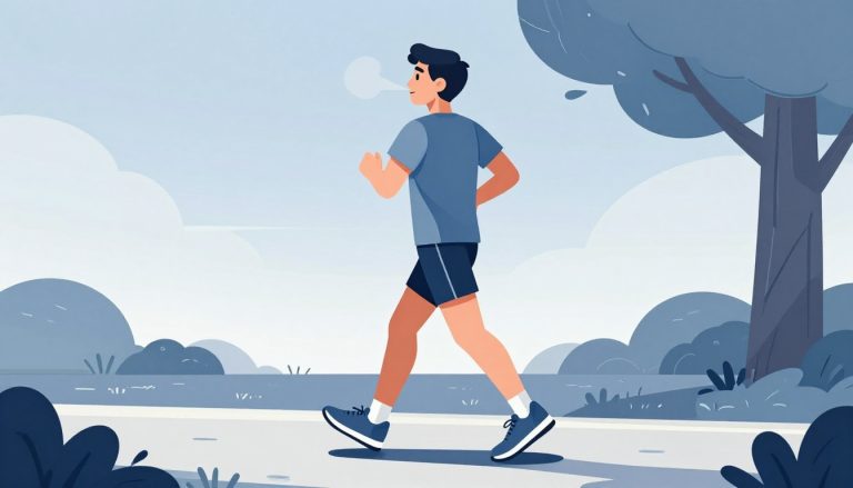 Un coureur respire sur un sentier bordé d’arbres, avec un léger souffle visible.